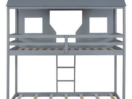 Twin Over Twin Bunk Bed With Roof, Window, Guardrail, Ladder