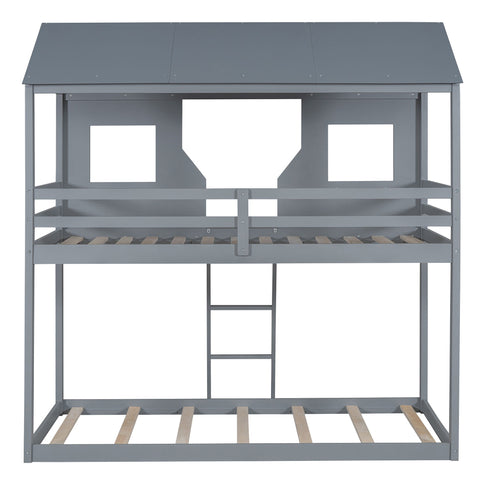 Twin Over Twin Bunk Bed With Roof, Window, Guardrail, Ladder