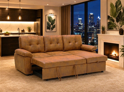 Convertible L - Sectional Sofa Bed With Storage Chaise And Padded Armrests