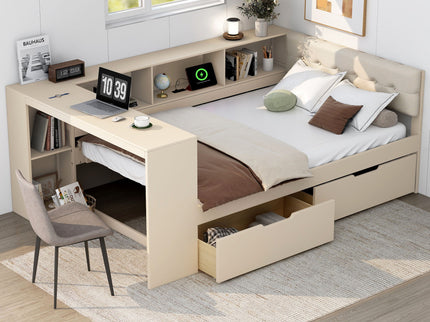 Upholstered Headboard Platform Bed With Storage Shelves, Drawers, Charging Station