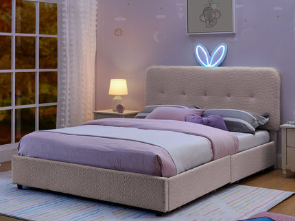 Upholstered Bed With Oversized Rabbit Ear Headboard, LED Lights & 4 Storage Drawers