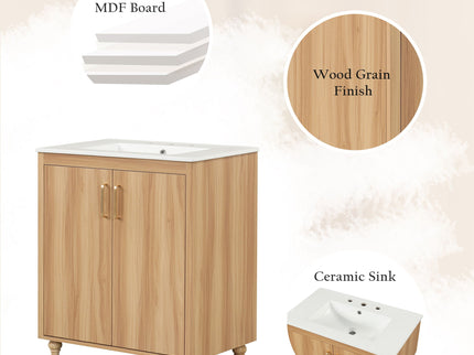 30" Bathroom Vanity With Sink, Cabinet With Doors And Drawer, Rectangular Shape - Natural