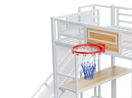 Loft Bed With Built In Desk, Open Wardrobe, Basketball Hoop, Slide And Staircase