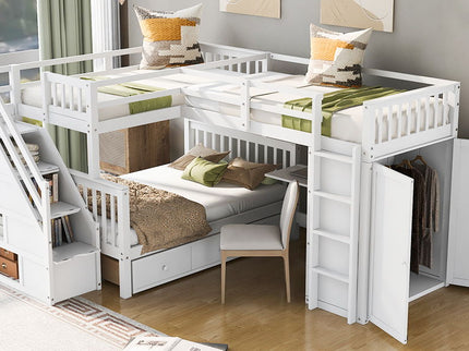 L Shaped Bunk Bed With 3 Drawers, Portable Desk And Wardrobe