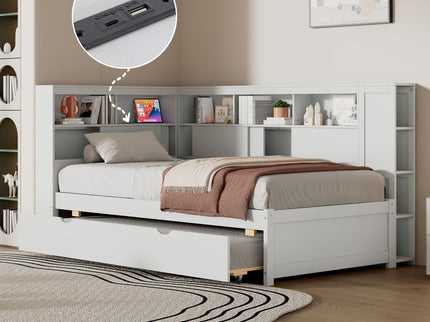 Daybed With Storage Shelves, USB Charging, And Trundle Bed
