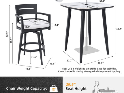 Modern Outdoor Patio Bar Set, Rounded Square Table & Bar Chairs, Non Rust Frame, Tapered Legs, Sunbrella Cushion