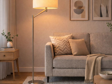 Serene - Floor Lamp With Rotary Switch Base Linen Shade - Brushed Nickel / White