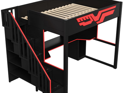 Full Gaming Loft Bed With Desk And Storage Staircase, LED Lights And USB - Red / Black