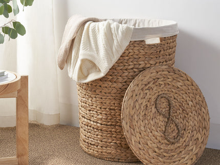 Ludmilla Round Tall Water Hyacinth Woven Wicker Laundry Hamper With Lid - For Clothes, Toys And Book Storage With Removable Liner - 18" X 18" X 23" - Natural Brown