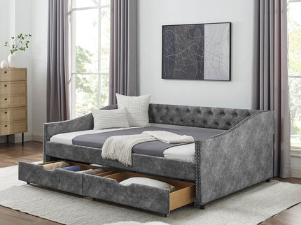 Upholstered Tufted Daybed With Drawers, Waved Arms