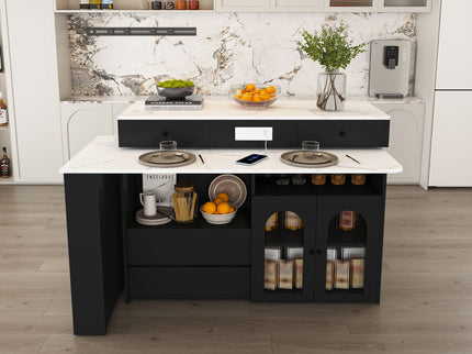 Kitchen Island With Extendable Rotating Table, 4 Drawers & Glass Door Cabinets, Built In Socket - Black