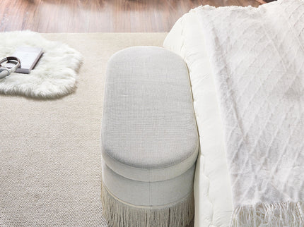 Oval Upholstered Storage Ottoman With Fringe Trim & Lift Top Lid