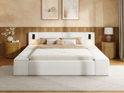 Upholstered Platform Bed Frame With Hidden Storage, Built-In Nightstands & LED Reading Lights