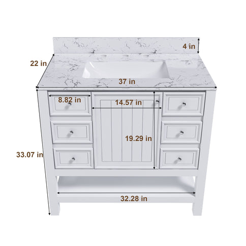 37" Bathroom Vanity With Artificial Marble Carrara Top, Multi Functional Cabinet With Doors And Drawer - White