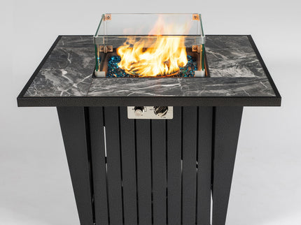 Morden Steel Fire Pit Table With Marble Tile Tabletop, Glass Wind Guard And Lid