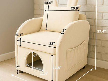 Bunny Ear Pet Friendly Armchair With Hidden Pet House With Storage Pocket For Bedroom & Living Room - Beige