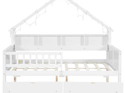 House Style Platform Bed With LED Lights, Storage Shelves, Drawers, And Guardrail