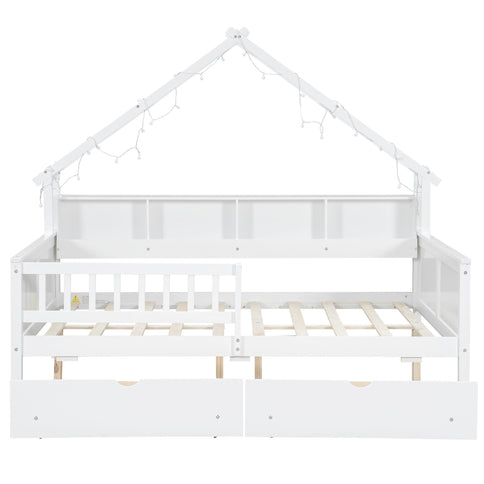 House Style Platform Bed With LED Lights, Storage Shelves, Drawers, And Guardrail