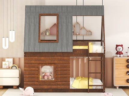 Wood Twin Size House Bunk Bed With Roof, Ladder And 2 Windows - Oak & Smoky Gray
