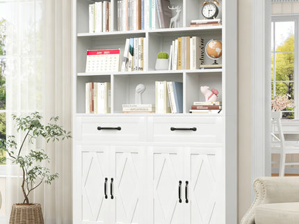 Bookcase Tall With 2 Doors & 2 Drawers, Fixed Open Shelves - White