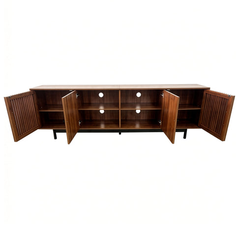 TV Stand, Media Console & Soft Closing Hinges, Adjustable Shelves, Slatted Doors - Walnut