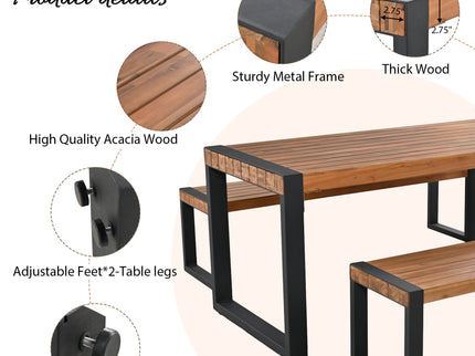 3 Pieces Outdoor Dining Table With 2 Benches, Patio Dining Set With Unique Top Texture, Acacia Wood Top & Steel Frame, All Weather Use, For Outdoor & Indoor - Natural