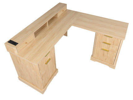 Fluted L-Shaped Desk With Charging Station & Storage Cabinet