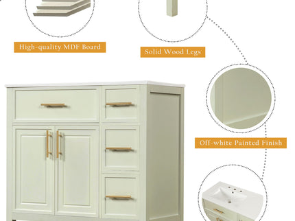 36" Bathroom Vanity With Sink, 2 Doors, 3 Drawers, Rectangular - White