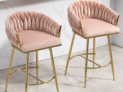 Counter Height Bar Stools Kitchen Island Counter Bar Stool With Hand - Wave Back, Golden Chromed Base And Footrest (Set of 2) - Pink