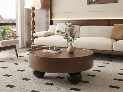 Round Coffee Table With Storage Drawer And Ball Feet - Walnut / Black