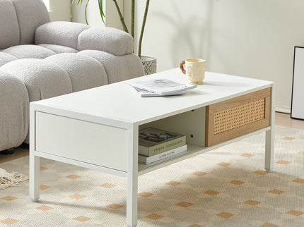 40.16" Rattan Coffee Table, Sliding Door For Storage, Metal Legs, Modern Table For Living Room