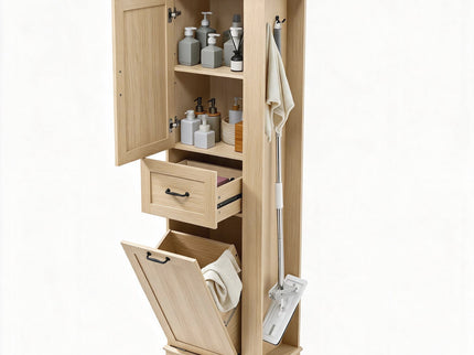 Modern Tall Storage Cabinet With Tilt-Out Compartment, Adjustable Shelves