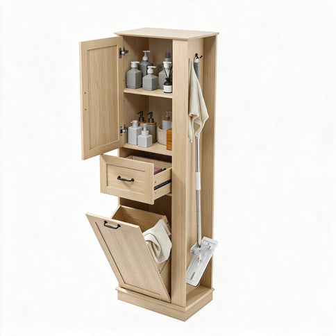 Tall Storage Cabinet With Tilt Out Compartment, Adjustable Shelves, Soft Close Hinges - Natural