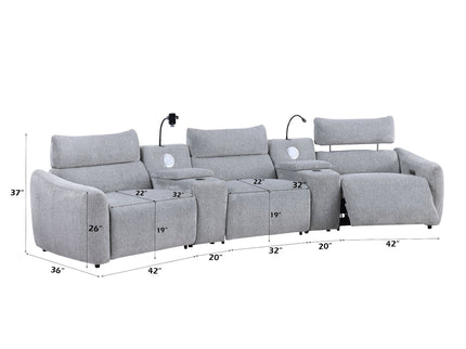 Fullar - Modular Power Motion Sectional Sofa With Console, 2 Wireless Chargers, 4 Cupholders, And 2 Speakers, 1 Phone Holder And 1 Reading Light, Adjustable Headrest - Light Gray
