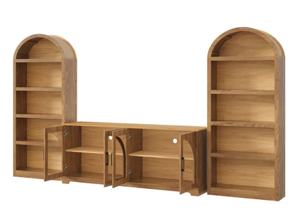 3 Piece TV Stand Set With Bookshelf With Arched Design For Living Room - Brown