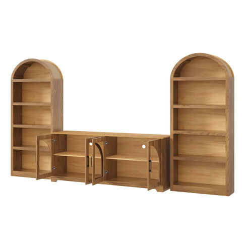 3 Piece TV Stand Set With Bookshelf With Arched Design For Living Room - Brown