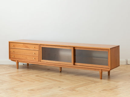 TV Cabinet With Chinese Changhong Glass Doors, Two Drawer Storage Space TV Standing - Cherry