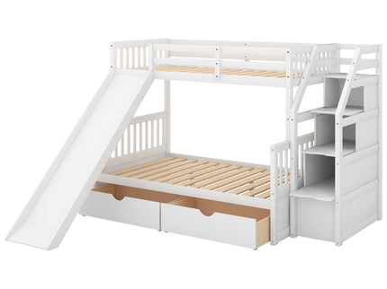Bunk Bed With Storage Staircase, Slide, Desk, Drawers, And Shelves