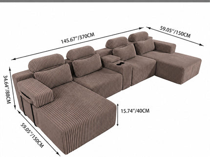 U-Shaped Sectional Sofa With Chaise Lounge And Cup Holders