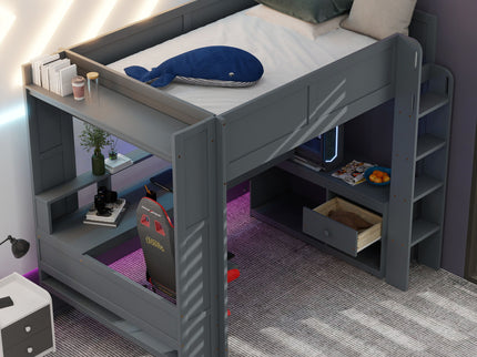 Gaming Loft Bed With Desk, Multi Storage Shelves, LED And Charging Station