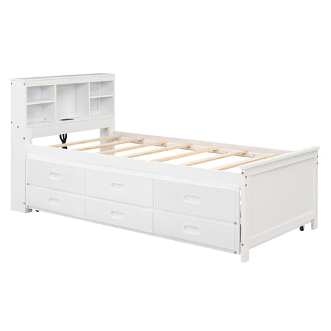 Platform Bed With Storage Headboard, USB, Trundle And 3 Drawers