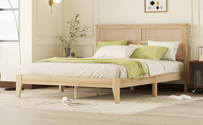 Queen Size Rubber Wooden, Solid Wooden Bed With Rattan Headboard, Enhanced By Support Feet - Natural