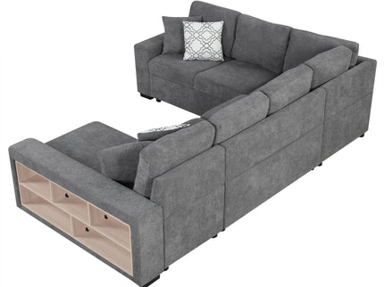 U-Shaped Sectional Sofa Pull-Out Sofa Bed With Two USB Ports, A Storage Chaise Lounge And Four Back Pillows For Living Room