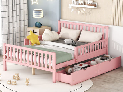 Platform Bed With Guardrails On Both Sides And 2 Storage Drawers