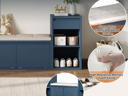 Entryway Storage Bench With Cushion, Drawers & Open Shelves