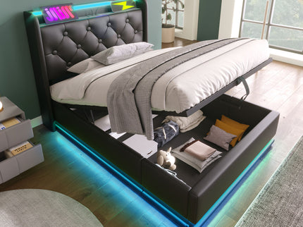 Upholstered Bed, 360 Surround LED Function, Remote Control, Hydraulic Storage Bed With USB, Type-C Charging (Without Mattress)