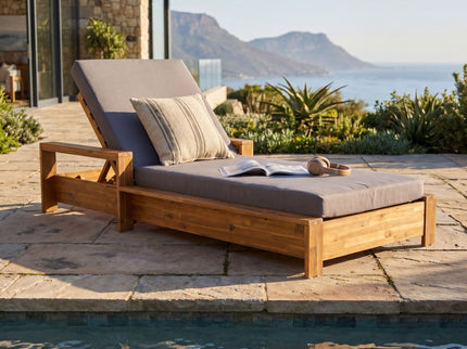 Chaise Lounge With Armrests, 2 Fold Cushion Set, 3 Position Adjustable Backrest, For Patio Pool - Dark Gray / Teak