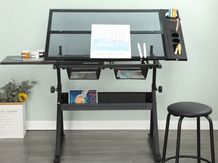 Adjustable Tempered Glass Drafting Printing Table With Chair