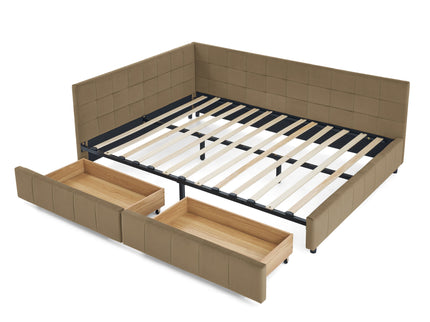 Mid-Century Storage Upholstered Tufted Bed Frame With Backrest And Armrests