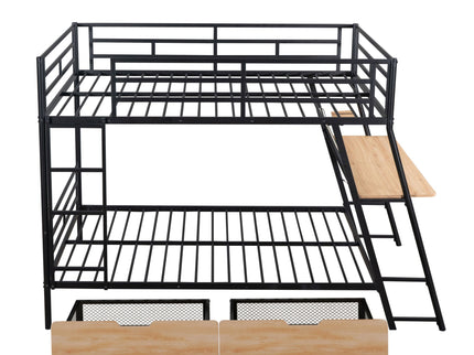 Full Size Bunk Bed With Built In Desk, Light, And 2 Drawers - Black